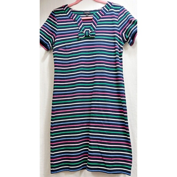 Talbots Striped Bow Shift Dress 100% Cotton S/S Navy Blue Pink Yellow Medium EUC - Picture 3 of 6